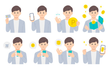 クレジットカードやスマホで買い物をする･ポイントを貯める若い男性のセット【人物ベクターイラスト素材】