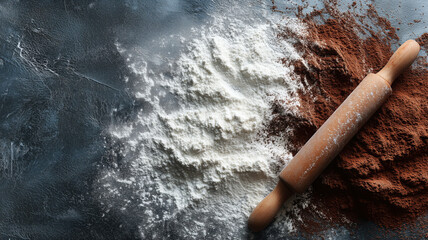 Baking flat lay with flour, cocoa powder, and rolling pin on dark background.This image symbolizes homemade baking, cooking, pastry, chocolate, and is a perfect background with copy space.