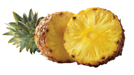  Ripe fresh pineapple with golden skin and green crown showing juicy tropical fruit isolated on white background