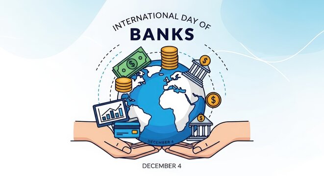 International day of banks celebration with financial symbols and globe design for december 4 event