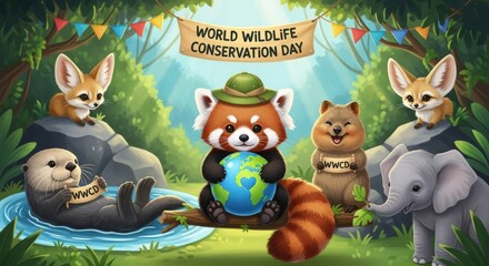 World wildlife conservation celebration with diverse animals in forest setting