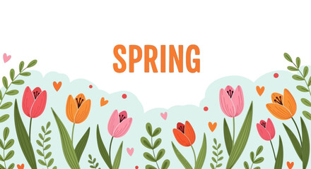Colorful Springtime Floral Banner with Tulips and Greenery for Seasonal Greetings and Celebrations