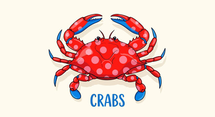 Cartoon Crab Illustration A Vibrant Oceanic Creature with Red Spots and Blue Accents for Marine Life Themes