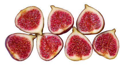 Fresh ripe figs with vibrant purple and green skin arranged naturally showing juicy texture isolated on white background