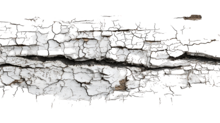 Texture of old cracked wall showing weathered surface and peeling paint with rustic details isolated on white background