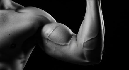 Monochrome image showcasing the muscular arm of an athletic male bodybuilder isolated against a