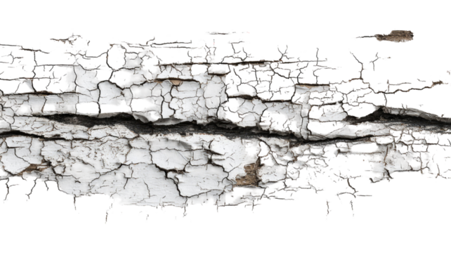 Texture of old cracked wall showing weathered surface and peeling paint with rustic details isolated on white background