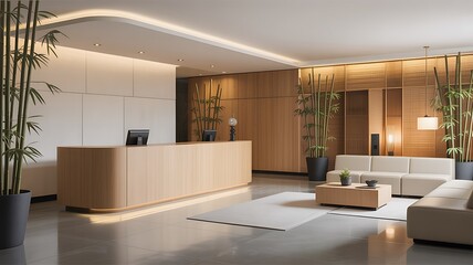 Modern Minimalist Hotel Lobby with Wooden Reception Desk, Bamboo Plant, and Sofas