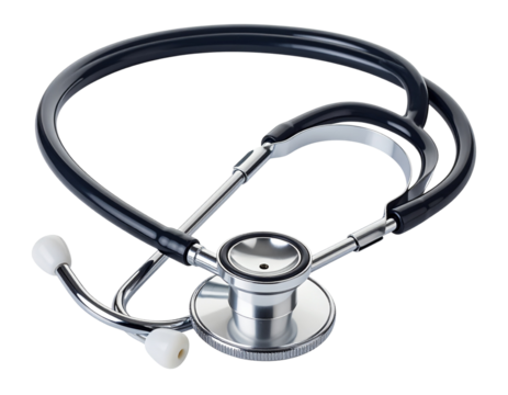 Untitled design - A standard medical stethoscope viewed from thefully visible, tubing neatly arranged, realistic metallic reflections on chest piece, isolated on a transparent PNG background. (2)