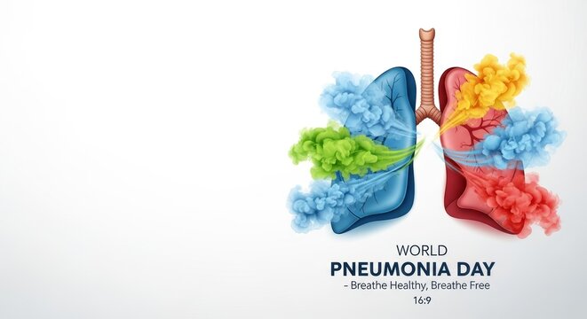 World Pneumonia Day Illustration with Rainbow-Colored Lungs Made of Vibrant Smoke Representing Breathing Health, Tuberculosis Awareness, and Lung Disease Prevention Concept on Clean White Background
