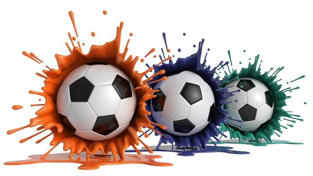 Dynamic 3D Render of Three Soccer Balls Splashing Through Orange, Blue, and Green Paint