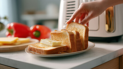 Woman's hand taking fresh toast from toaster for breakfast.This image symbolizes a cozy morning routine, a healthy breakfast, domestic life, and a clean, fresh start to the day.