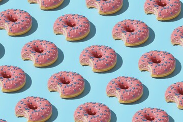 Pattern of pink donuts with a bite on a blue background, top view