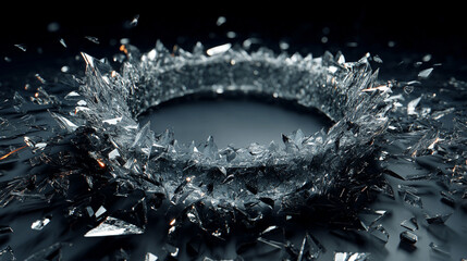 Shards of broken glass arranged into a perfect circle, creating a striking visual contrast of chaos and symmetry with reflective surfaces and sharp fragmented edges.