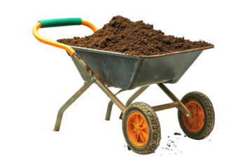 Wheelbarrow filled with soil isolated on transparent background, showcasing its utility for gardening, landscaping, and construction projects, ideal for transporting materials