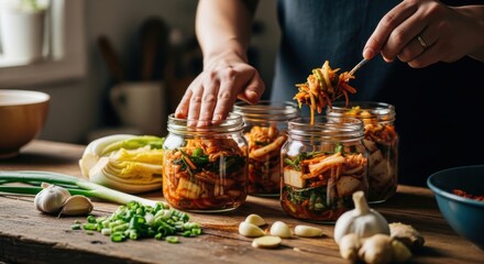 Homemade kimchi preparation with fresh ingredients in rustic kitchen setting