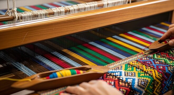 Hands weaving colorful patterned fabric on a traditional wooden loom with shuttles and yarn. - Powered by Adobe