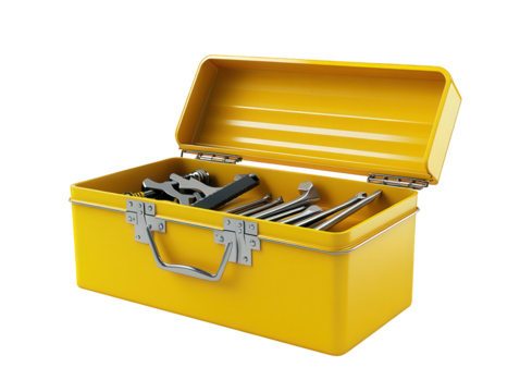 A yellow metal toolbox isolated on transparent background, filled with various hand tools, representing organization, storage, and readiness for repairs and projects