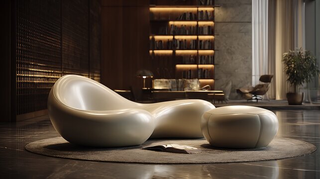 A modern interior featuring a white sculptural sofa and ottoman in a luxurious living room setting