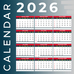 New 2026 yearly calendar planner vector template for year, month, date and day schedule