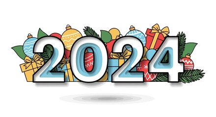 Festive 2024 New Year Celebration with Colorful Gifts and Ornaments