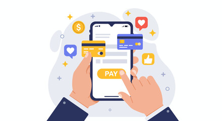 A modern illustration shows a person using a smartphone to make an online payment with credit cards, featuring icons and a user-friendly interface for digital transactions.
