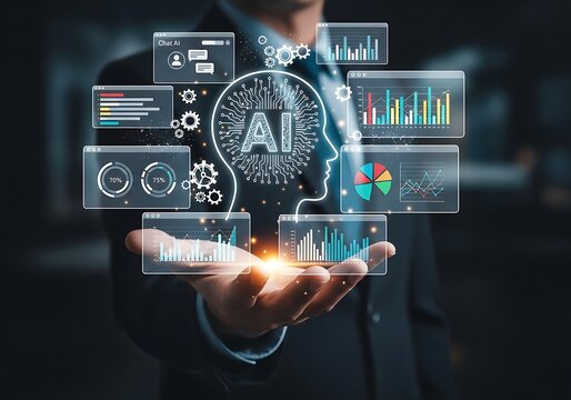 Businessman holding ai technology and data analysis charts in his hand