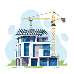 Naklejka premium A vector illustration depicts a modern house under construction with a yellow crane lifting materials, set against a soft blue and white background.