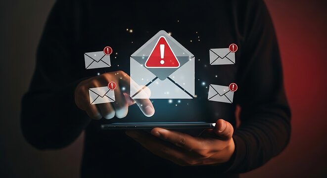 Person using smartphone with digital alert notification email icons floating