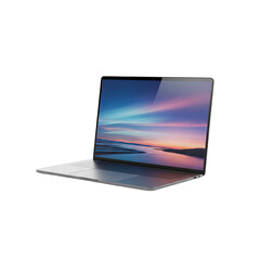 Modern Silver Laptop Displaying A Vibrant Sunset Landscape On Screen Isolated On Transparent Black Background With Subtle Reflections Of The Sky On The Screen