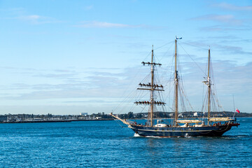 Tall Ship STS Leeuwin II motoring at sea.