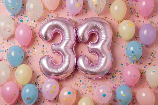 Celebrate 33rd Birthday with Colorful Balloons and Confetti