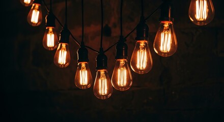 Warm glow of vintage Edison filament light bulbs illuminating a dark space