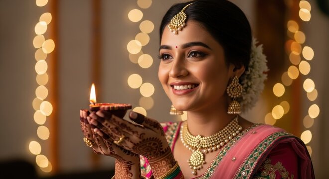Joyful diwali celebration with traditional attire and festive lights