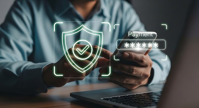 Online payment security concept with a person using a smartphone and laptop