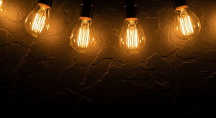 Warm glow of Edison-style incandescent bulbs illuminates a textured wall