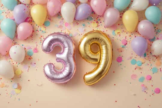 Colorful 39th Birthday Celebration with Balloons and Confetti