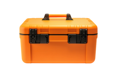 Orange toolbox isolated on transparent background, featuring a sturdy handle and secure latches, designed for organizing and transporting tools with ease and safety