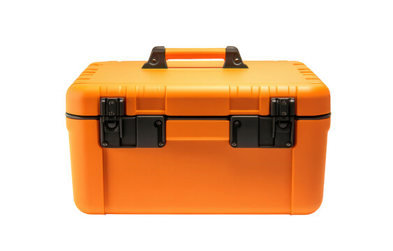 Orange toolbox isolated on transparent background, featuring a sturdy handle and secure latches, designed for organizing and transporting tools with ease and safety
