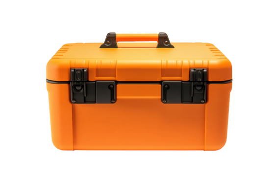 Orange toolbox isolated on transparent background, featuring a sturdy handle and secure latches, designed for organizing and transporting tools with ease and safety