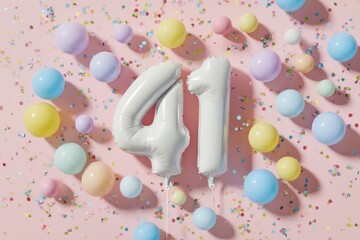 Colorful Celebration of 41 with Balloons and Confetti on Pink Background