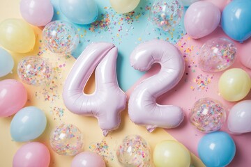 Celebration Scene with Balloon Numbers 4 and 2 Surrounded by Confetti