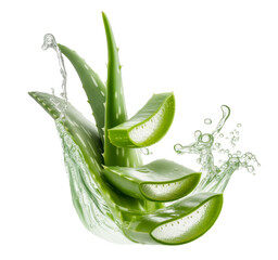 aloe vera slices with water splash on white background.