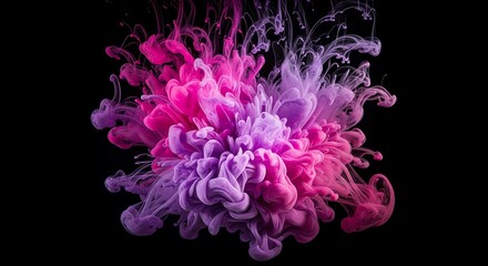 Abstract explosion of vibrant pink and purple ink in water on a black background