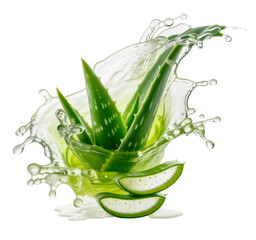 aloe vera with water splash isolated on white background
