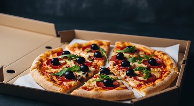 Delicious Pepperoni Pizza with Black Olives in a Cardboard Box, Ready to Eat - Powered by Adobe