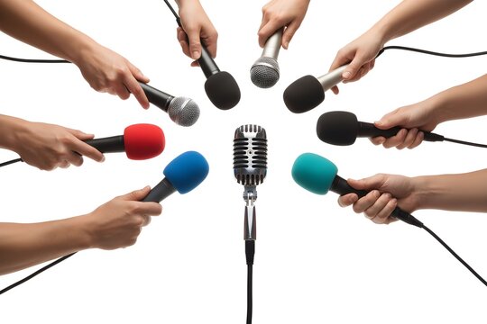 Multiple hands holding microphones of various colors and types surrounding a central vintage microphone, symbolizing a press conference or interview.