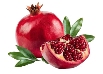 fresh pomegranates with seeds on white background.