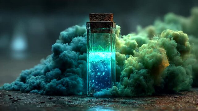 Glowing potion surrounded by colorful smoke effects