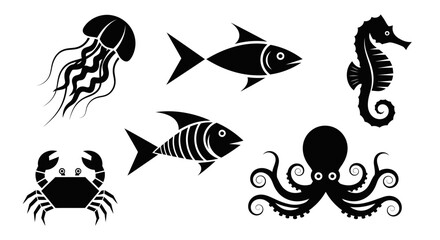 Charming collection of stylized marine life icons featuring a jellyfish, seahorse, crab, octopus, and fish in a clean, modern design © amni